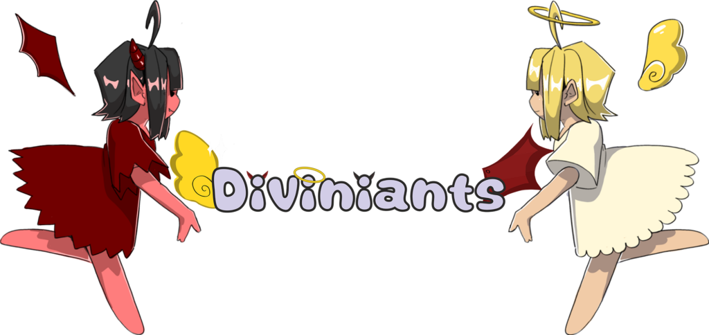Diviniants artwork with mirrored angel and demon characters