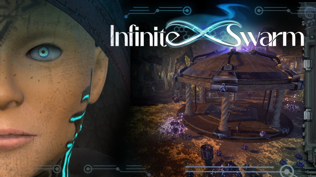 Infinite Swarm key art showing a futuristic character and arena